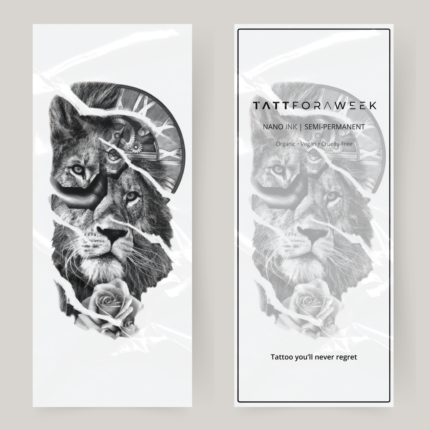 Grote nep tattoo leeuw & klok