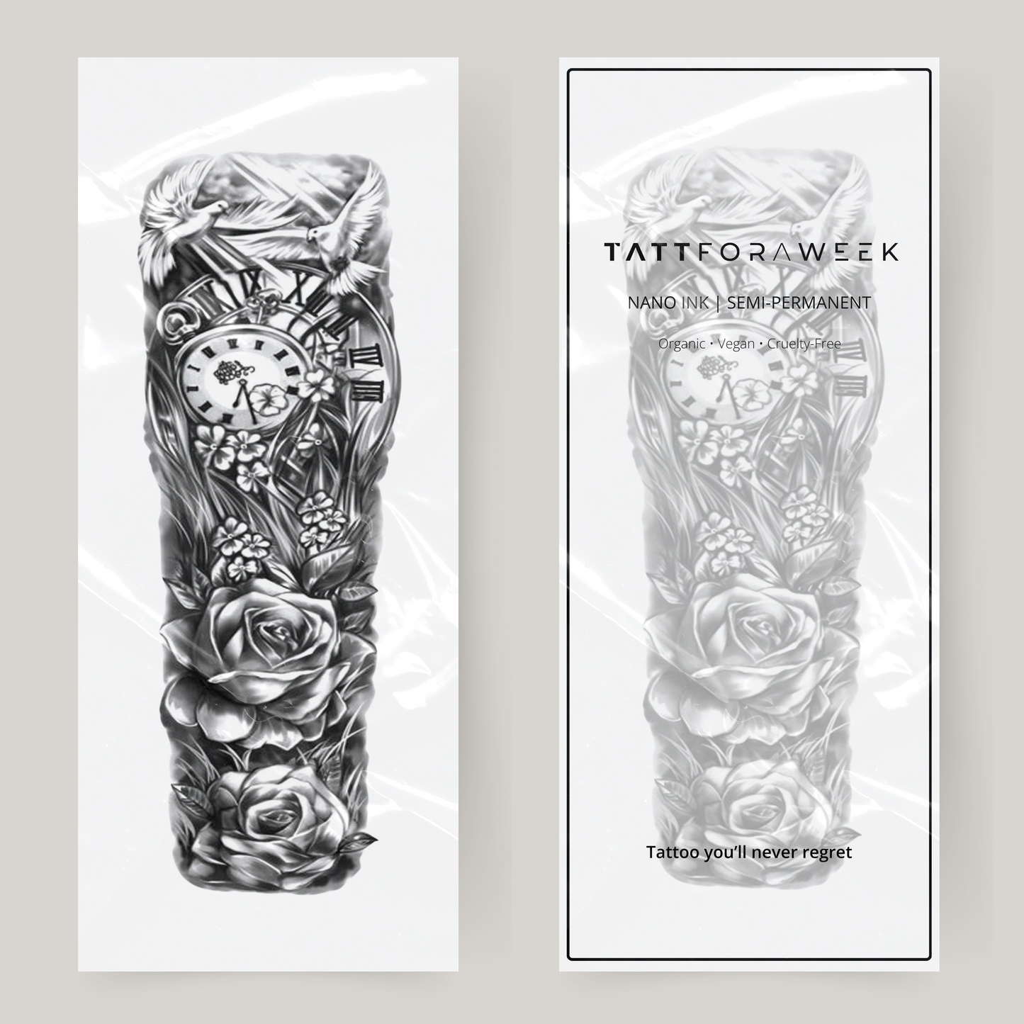 Nep tattoo sleeve klok & bloemen