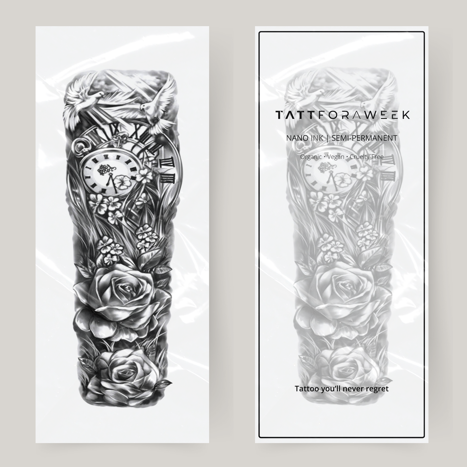 Nep tattoo sleeve klok & bloemen