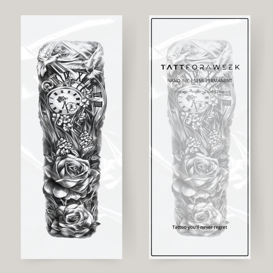 Nep tattoo sleeve klok & bloemen