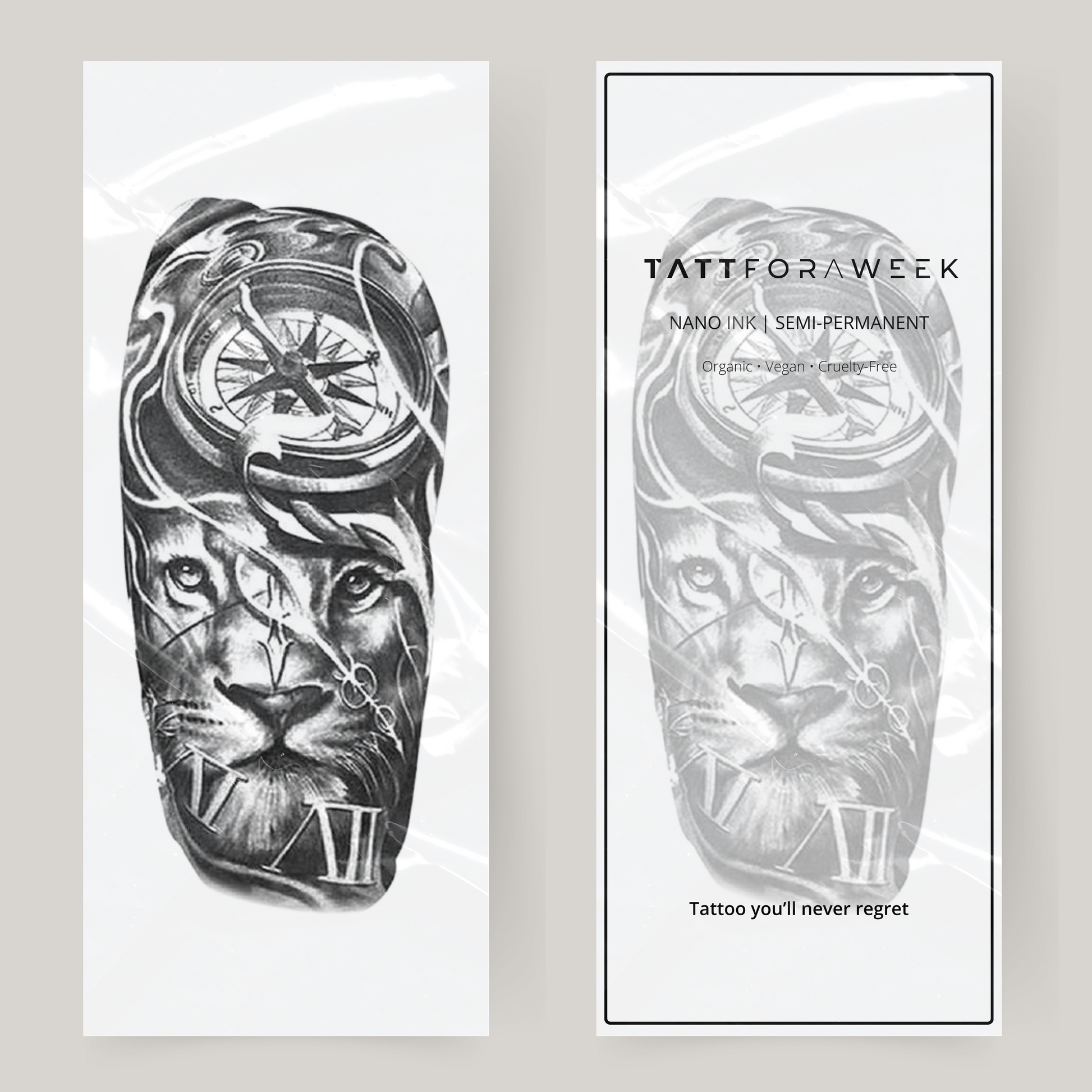 Nep tattoo sleeve leeuw en klok