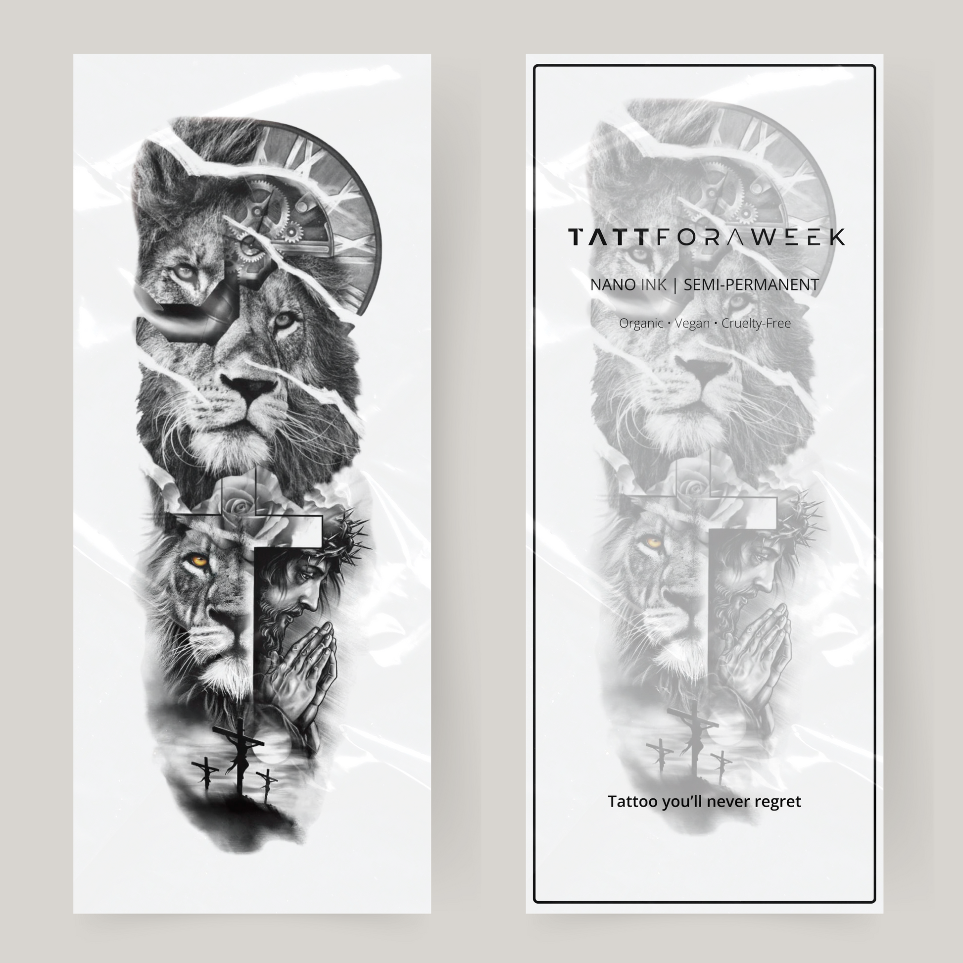 Nep tattoo sleeve leeuw, geloof en klok
