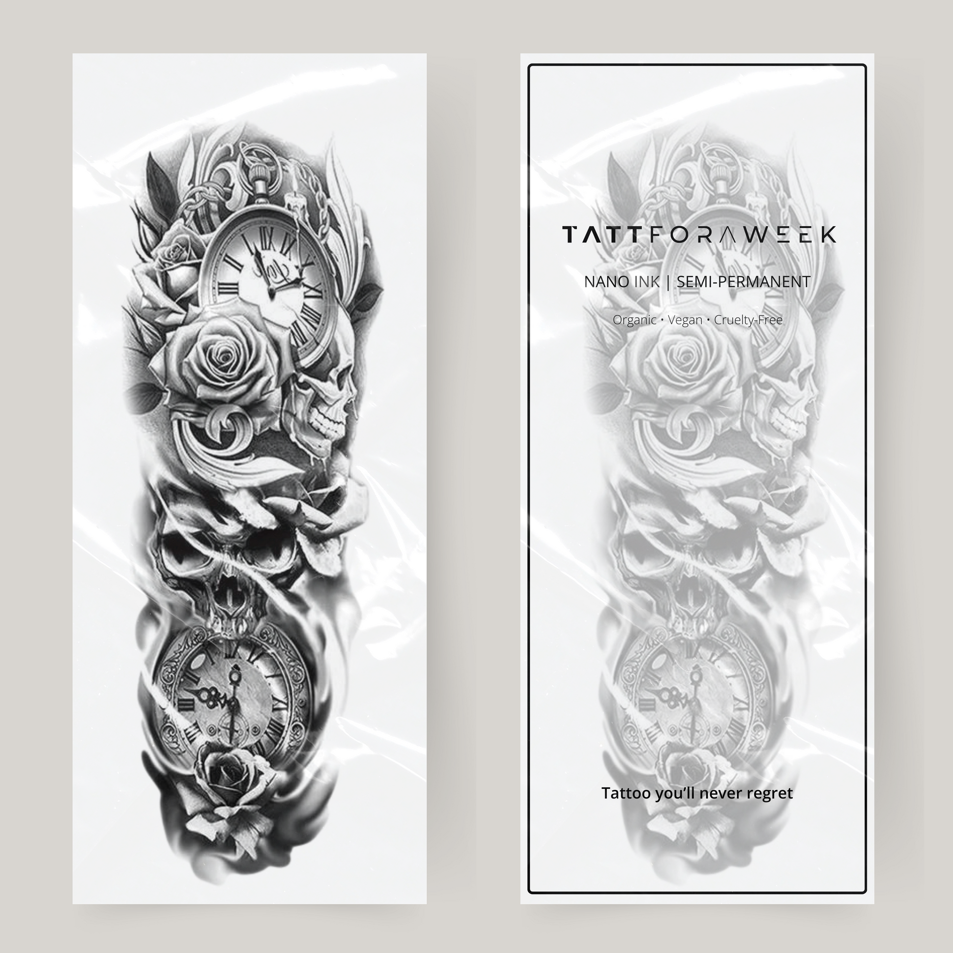 Nep tattoo sleeve rozen, doodskoppen & klokken