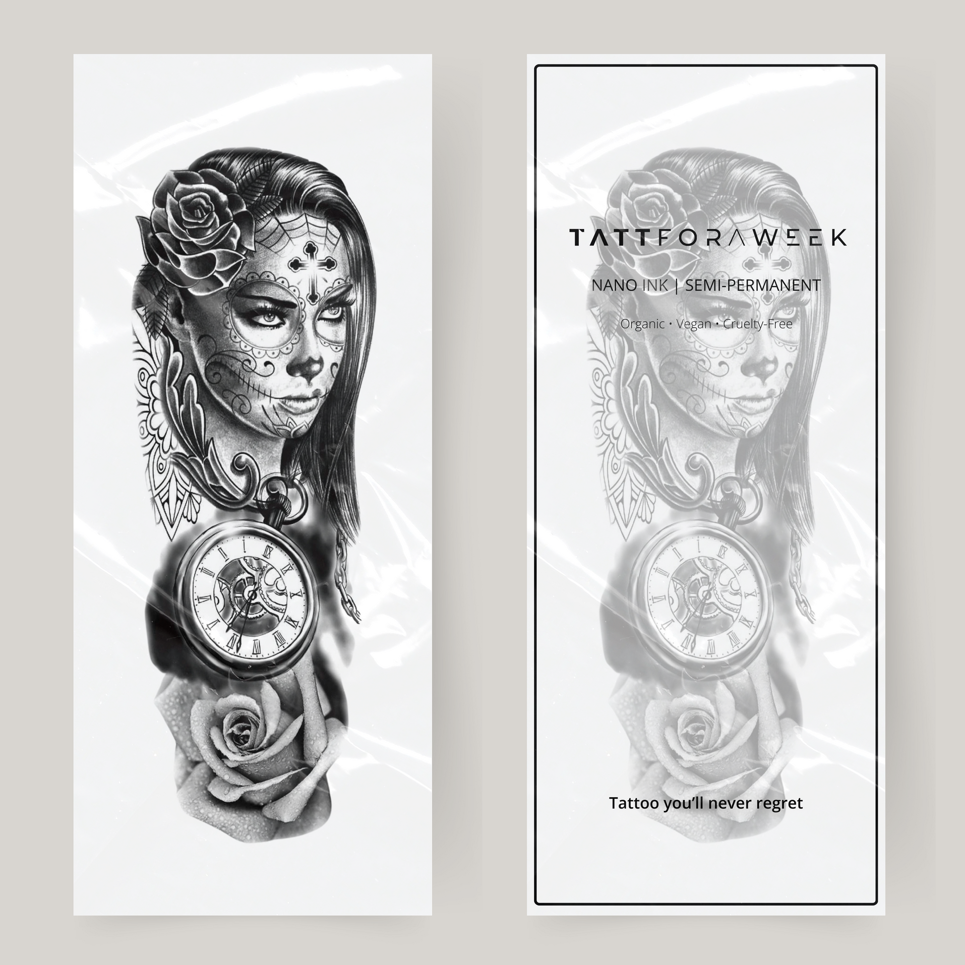 Nep tattoo sleeve vrouw & klok